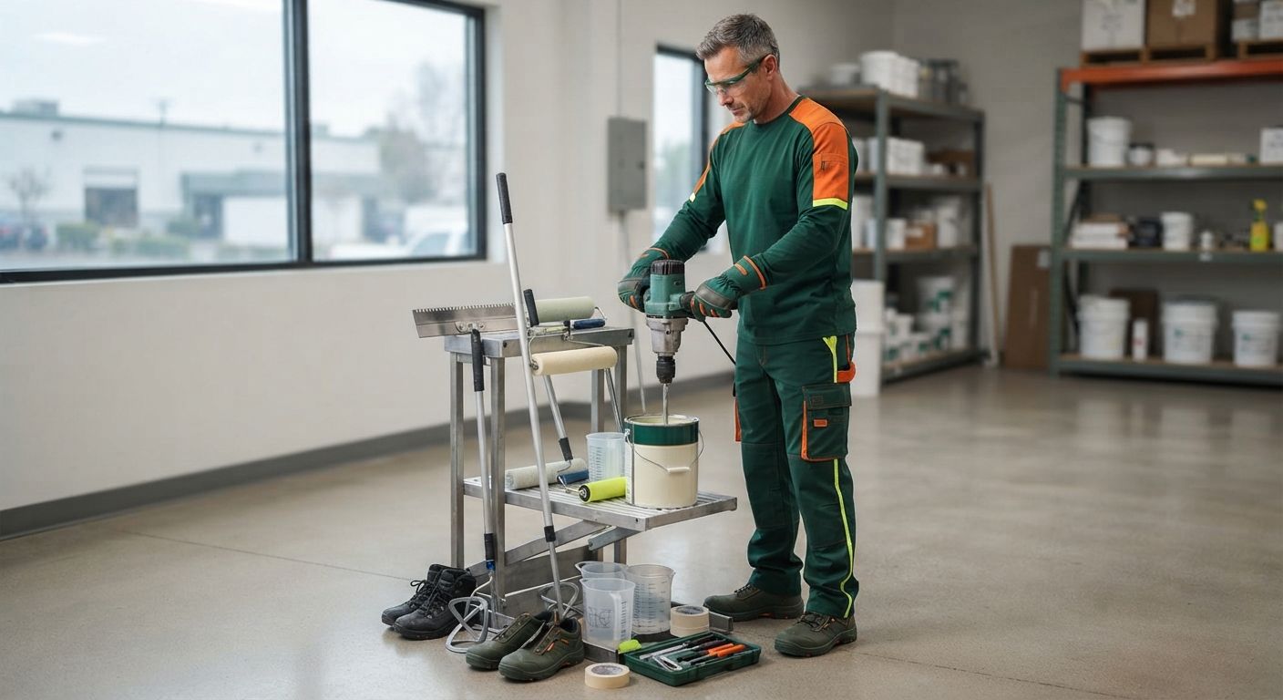 Experienced flooring technician using professional epoxy mixing equipment in Rancho Cordova