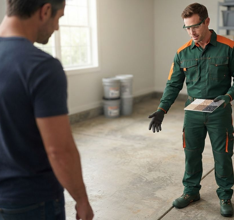 Rancho Cordova flooring technician explaining epoxy coating options to a homeowner