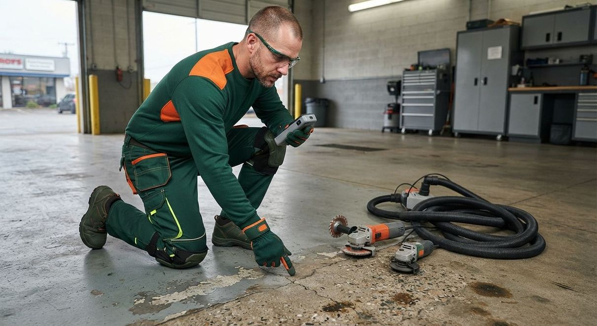 Technician evaluating concrete preparation needs for epoxy flooring in Rancho Cordova