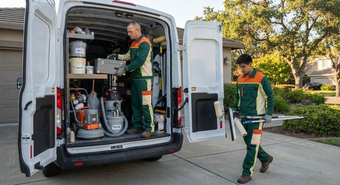 Rancho Cordova epoxy flooring crew preparing equipment for a customer service appointment