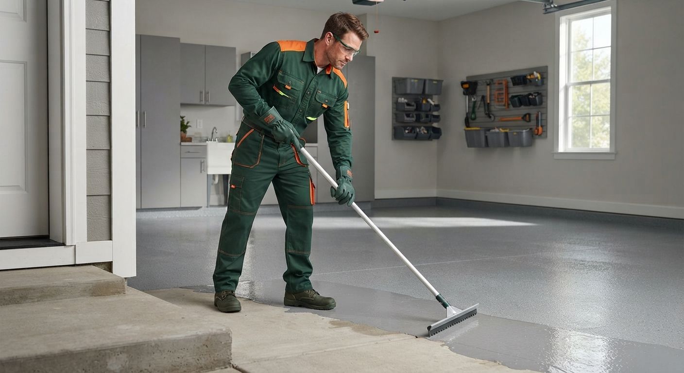Epoxy flooring technician applying a fresh coating in a Rancho Cordova garage