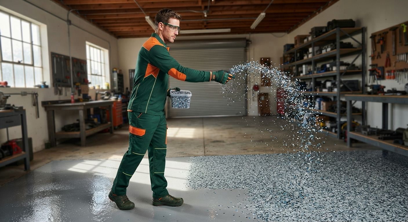 Technician applying decorative flakes to an epoxy floor in Rancho Cordova