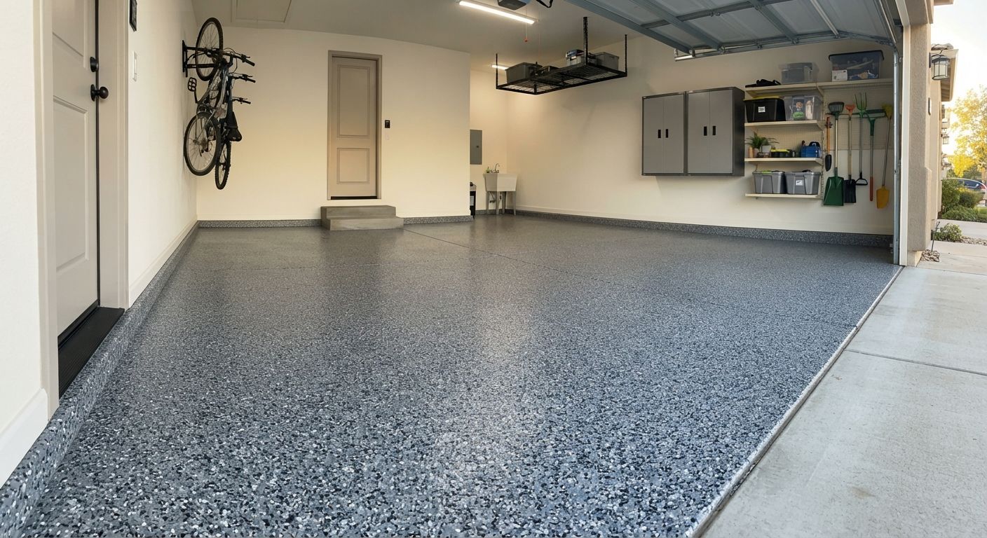 Recently completed decorative epoxy garage flooring in Rancho Cordova