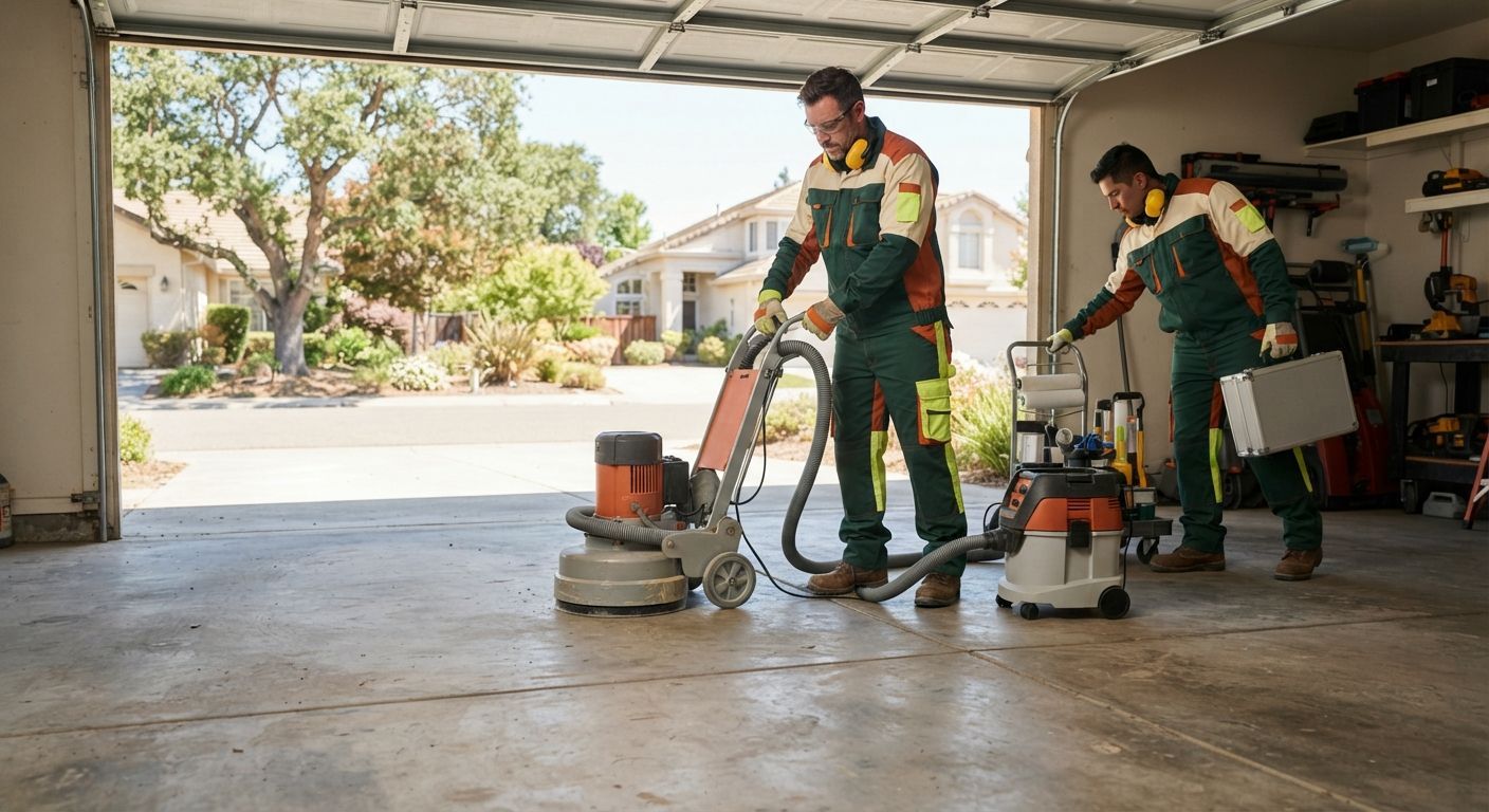 Epoxy flooring technicians preparing for a requested service in Rancho Cordova