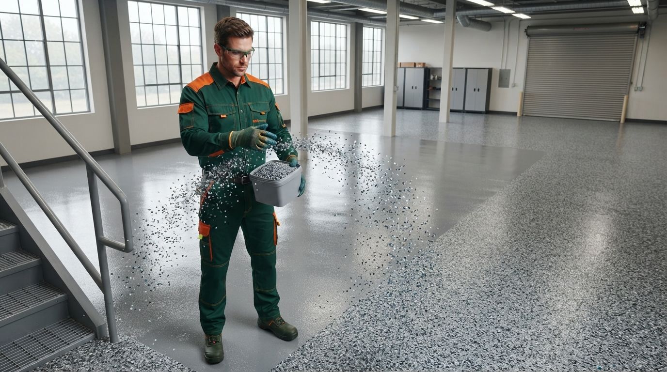 Commercial decorative epoxy flooring installation in Rancho Cordova CA
