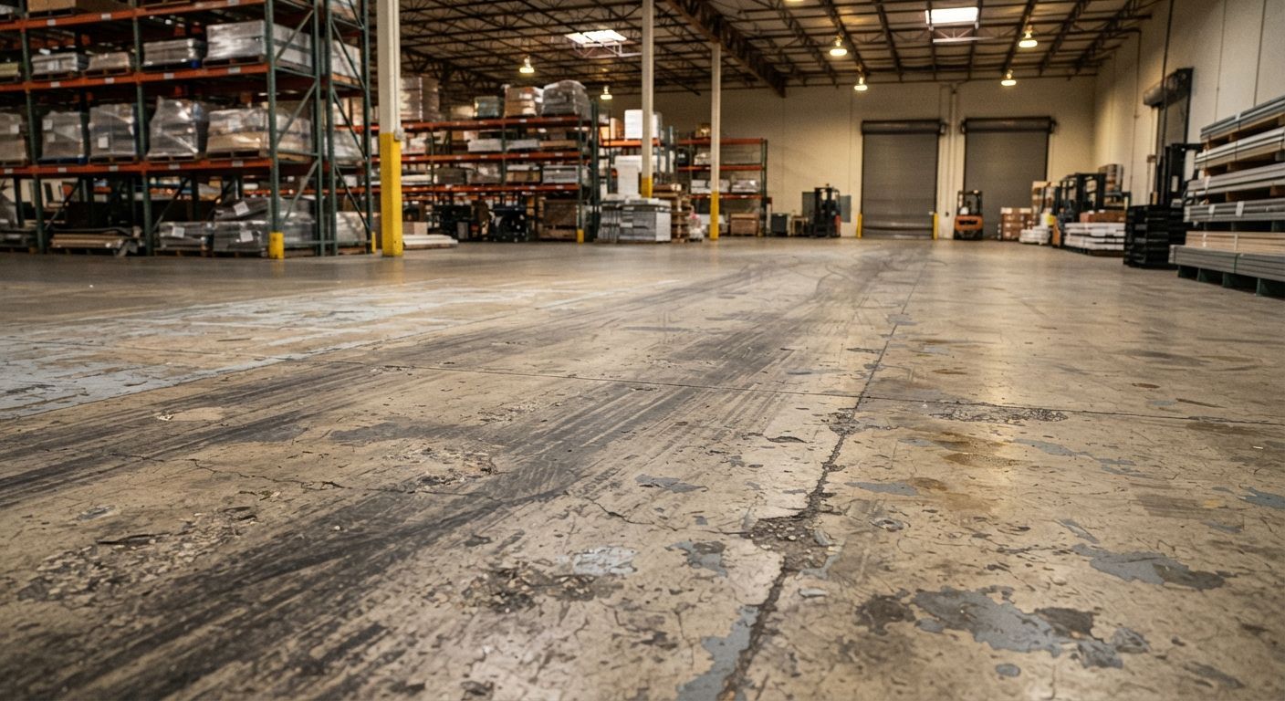 Worn high-traffic commercial concrete floor with cracks, stains, and surface damage