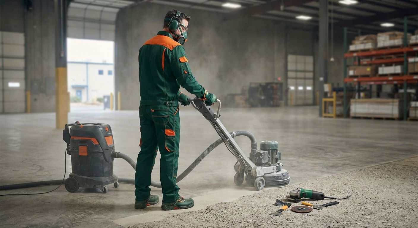 Professional garage epoxy flooring team preparing a concrete floor