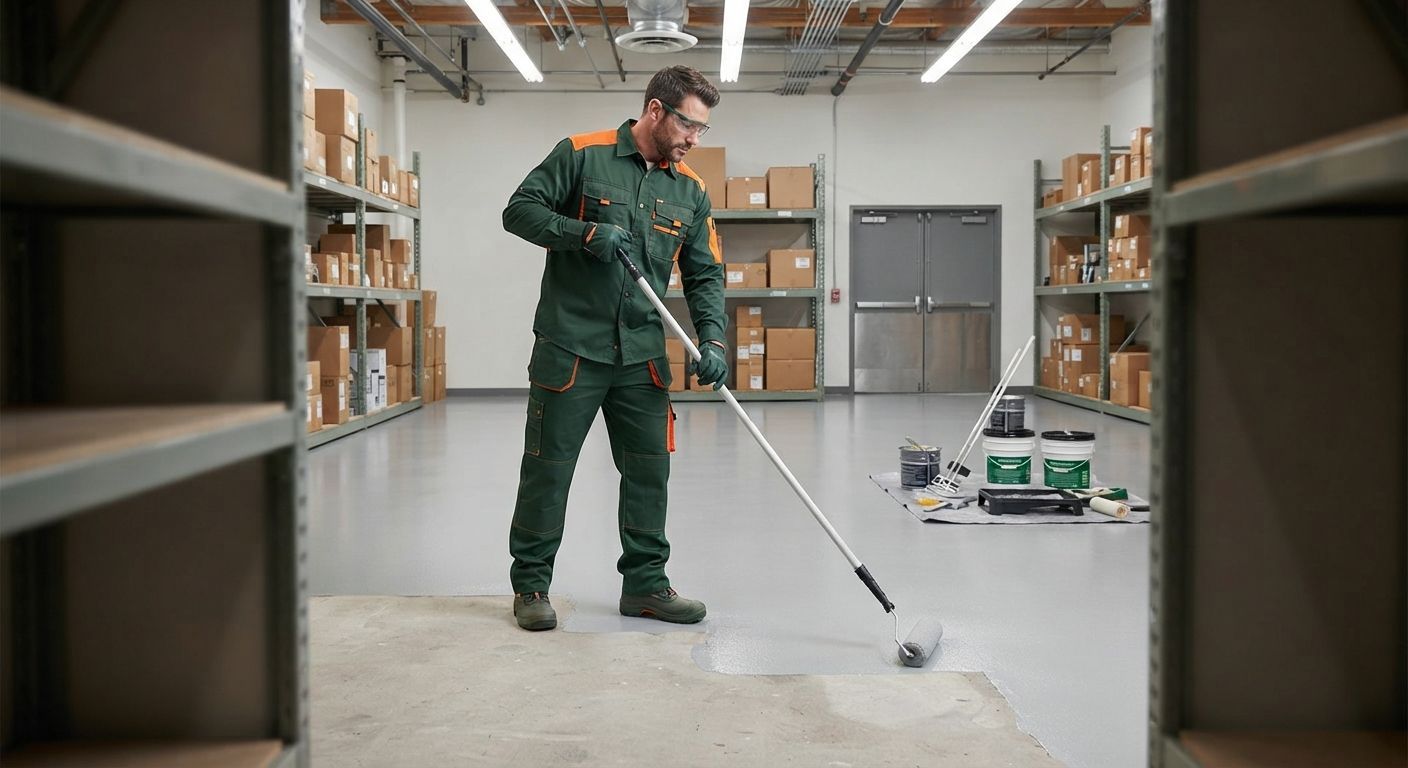 Technician preparing a commercial kitchen floor for epoxy coating in Rancho Cordova