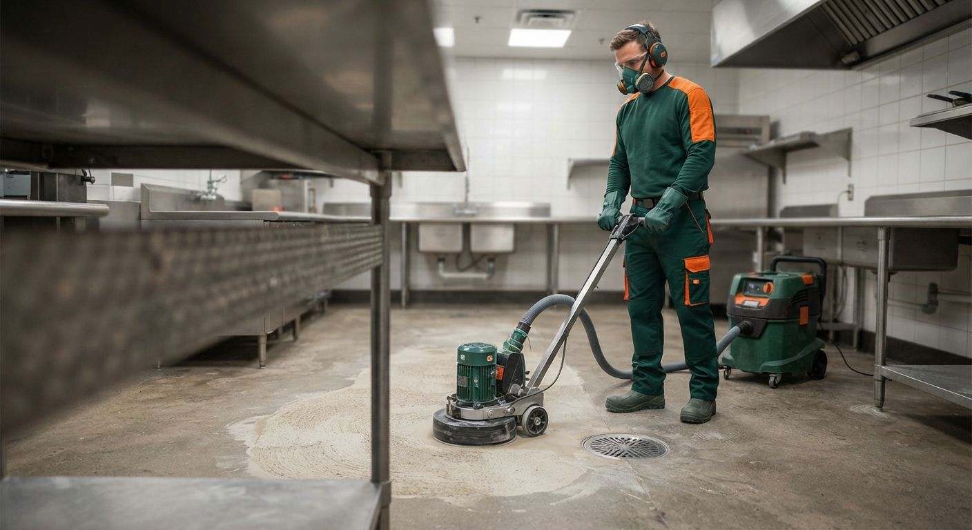 Commercial epoxy flooring technician coating a retail backroom floor in Rancho Cordova