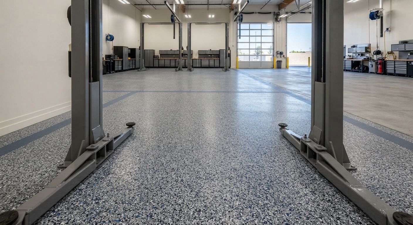 Completed commercial epoxy flooring in a Rancho Cordova automotive service facility