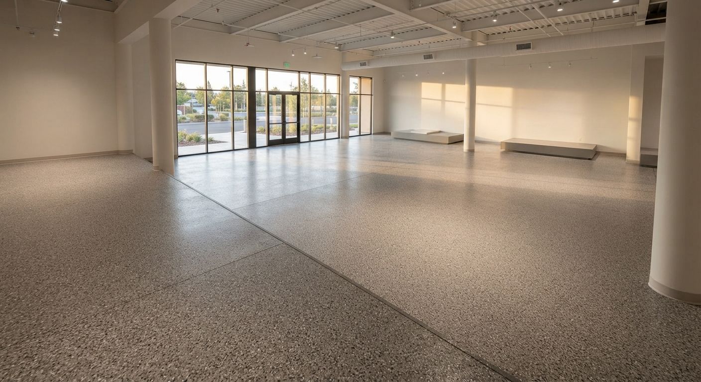Finished commercial epoxy flooring in a modern Rancho Cordova showroom
