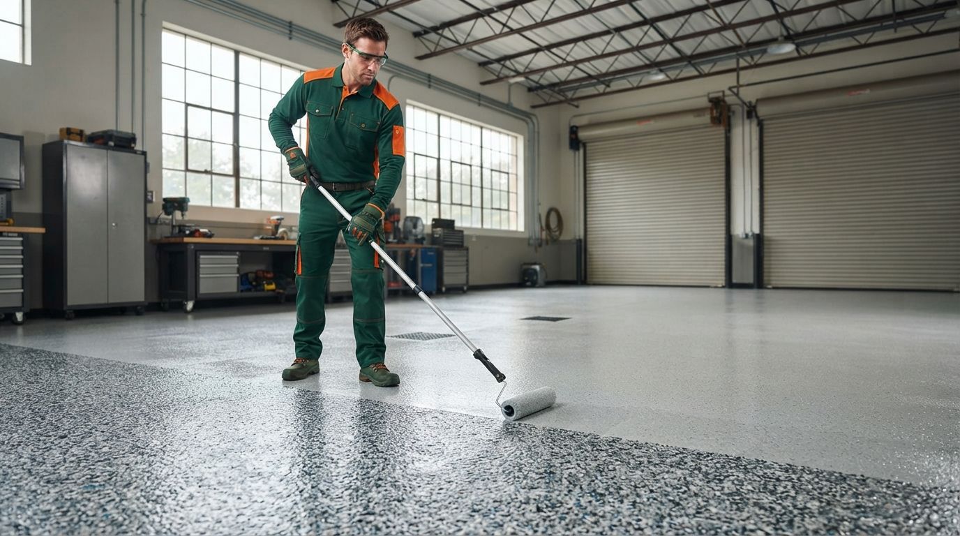 Technician applying a polyaspartic topcoat to commercial flooring in Rancho Cordova