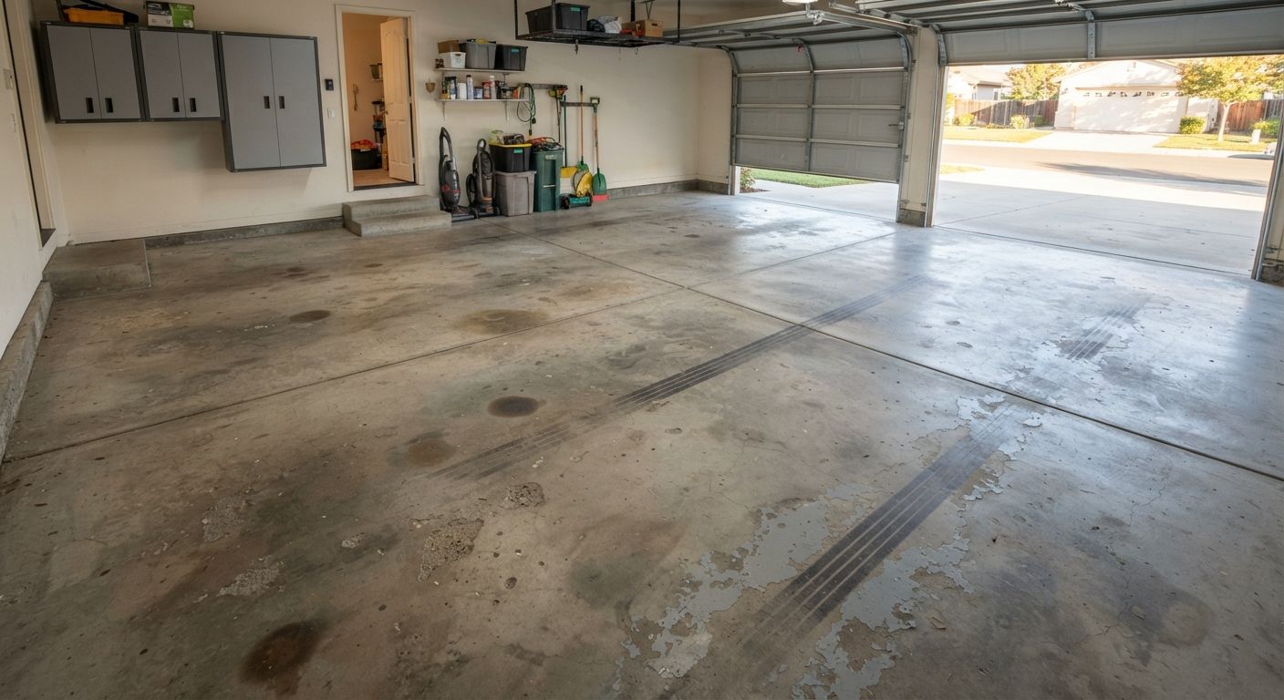 Worn residential garage floor showing cracks, stains, and surface wear in Rancho Cordova