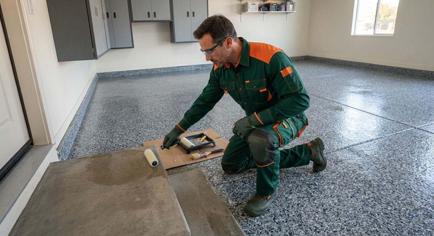 Experienced Rancho Cordova technician completing detailed polyaspartic floor coating work