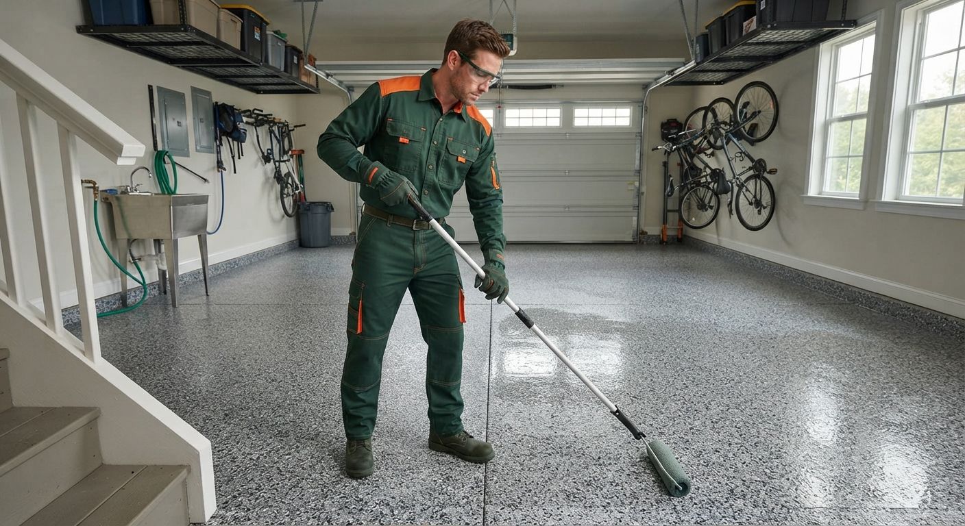 Professional installing decorative polyaspartic flooring at a Rancho Cordova commercial property