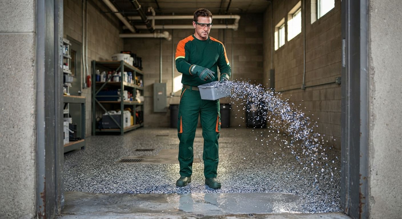 Technician applying a polyaspartic topcoat to a Rancho Cordova garage floor
