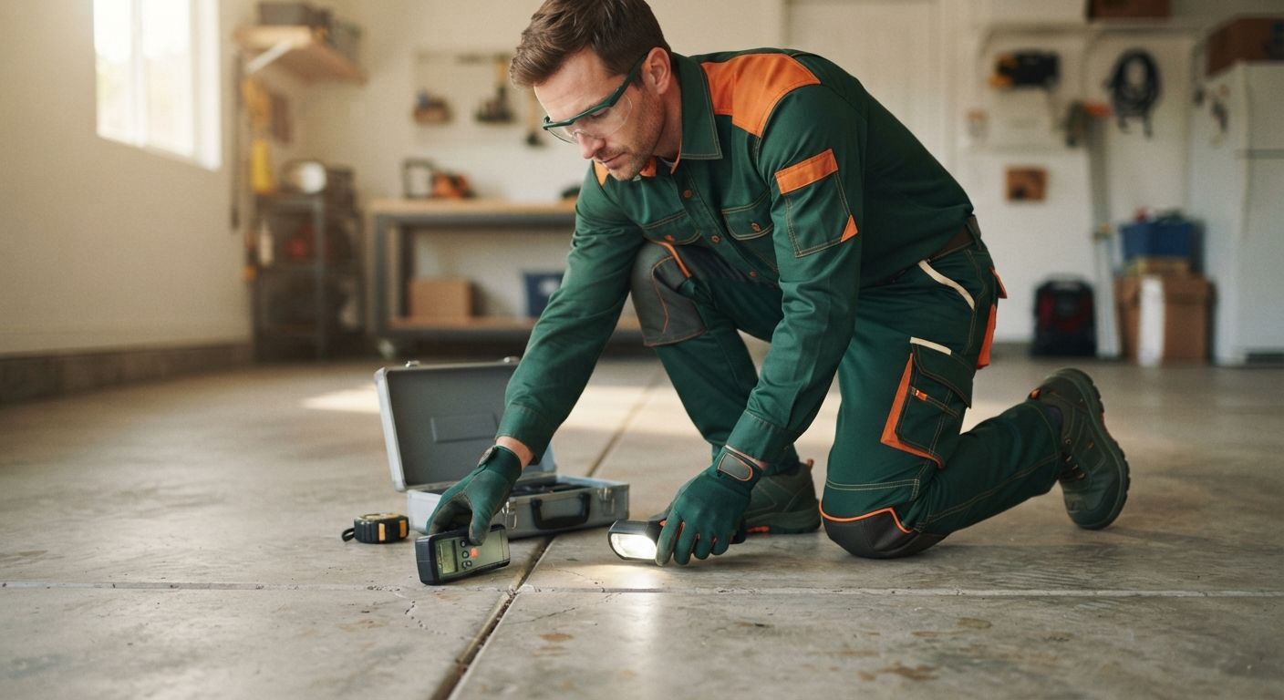 Rancho Cordova epoxy flooring technician checking concrete conditions after a service request