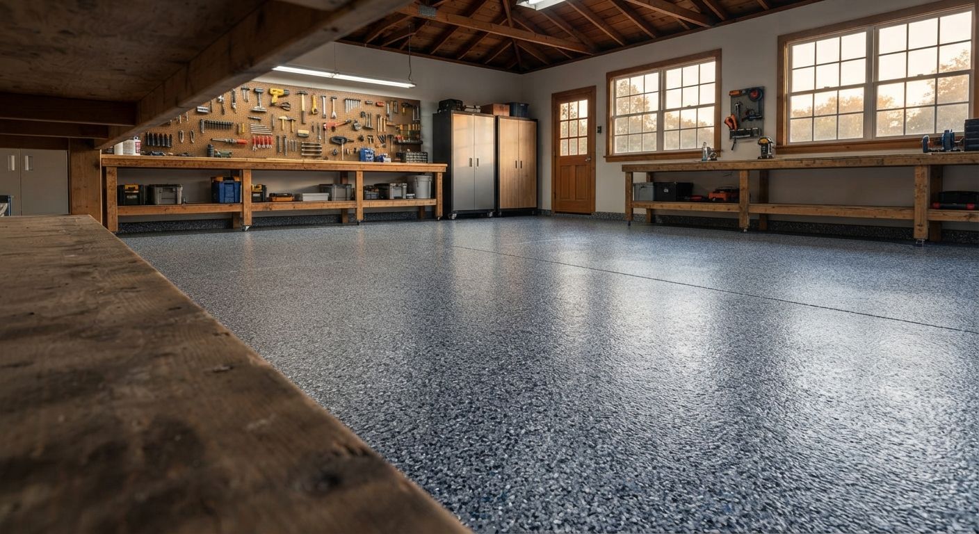 Finished polyaspartic floor coating in a Rancho Cordova residential workshop