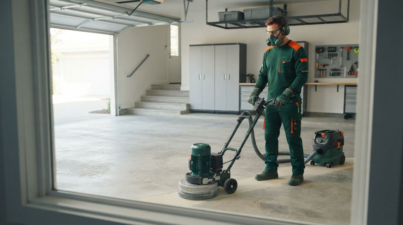 Professional garage floor preparation for coating in Rancho Cordova California