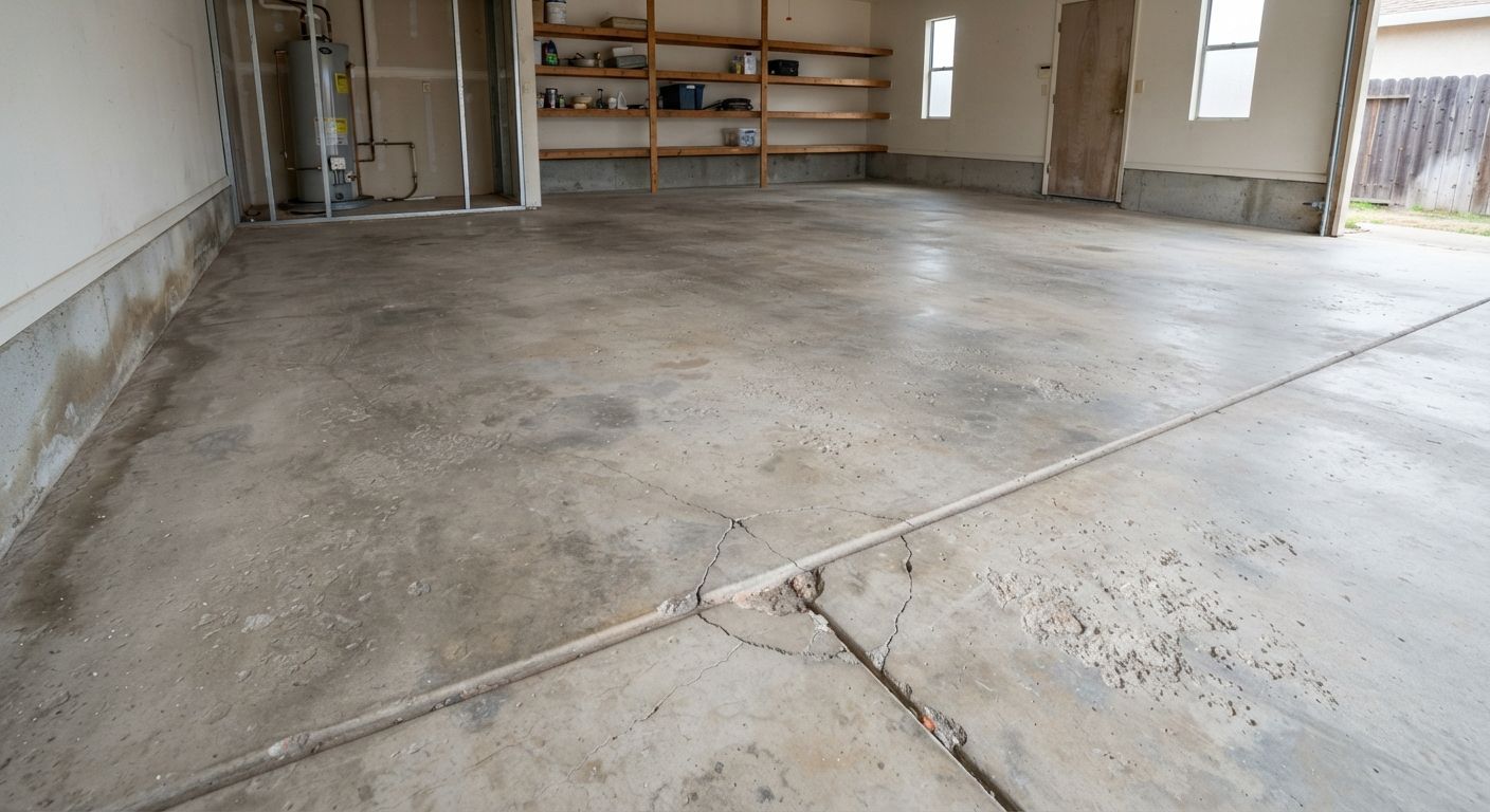 Uncoated garage concrete with cracks, pitting, discoloration, and rough surface areas