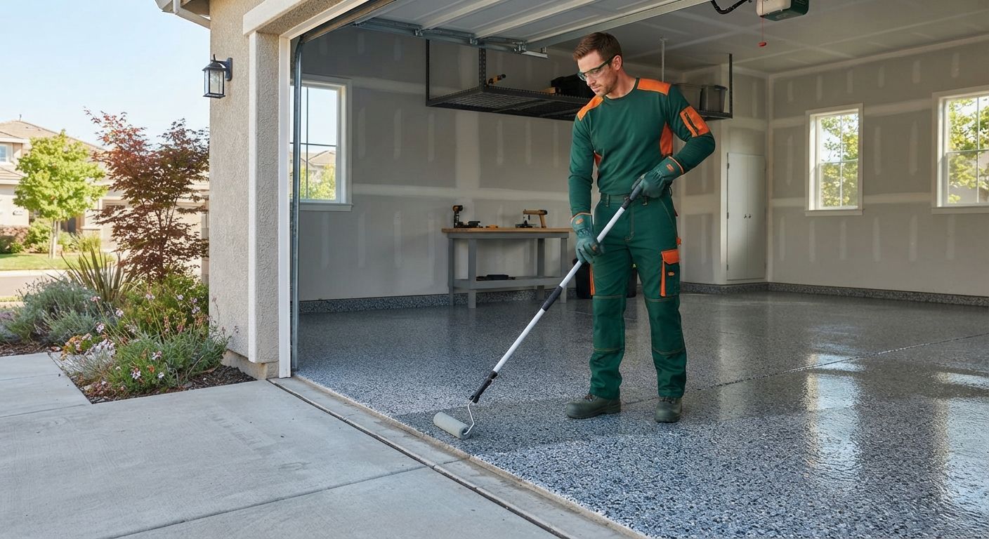 Technician applying a protective topcoat to a garage floor in Rancho Cordova