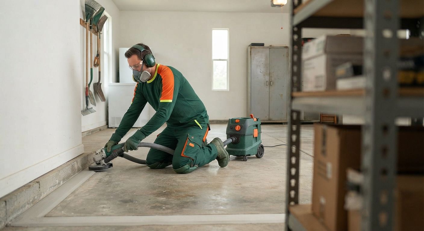 Rancho Cordova garage flooring technician preparing concrete edges before coating