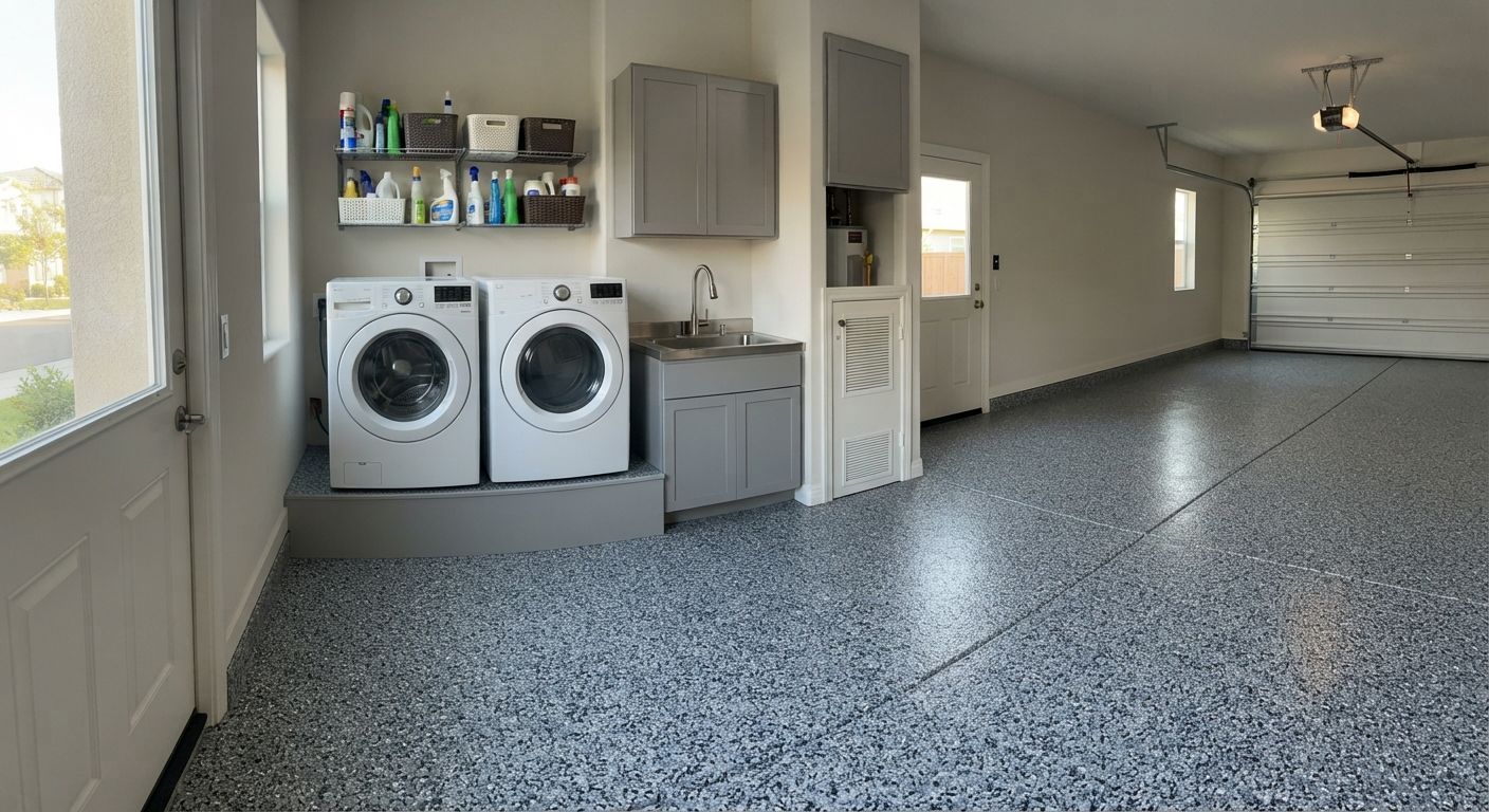 Finished garage floor coating around a residential utility area in Rancho Cordova