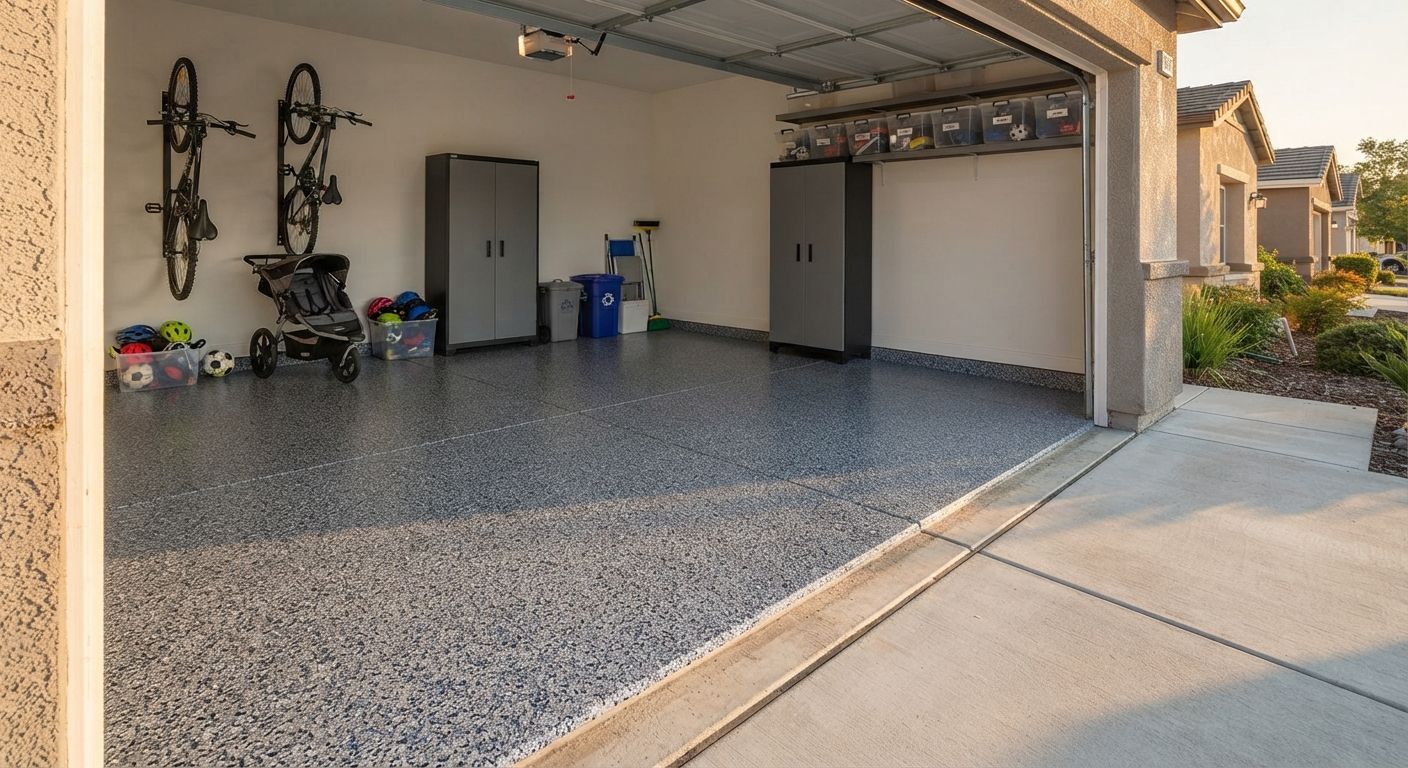 Completed decorative floor coating in a Rancho Cordova family garage