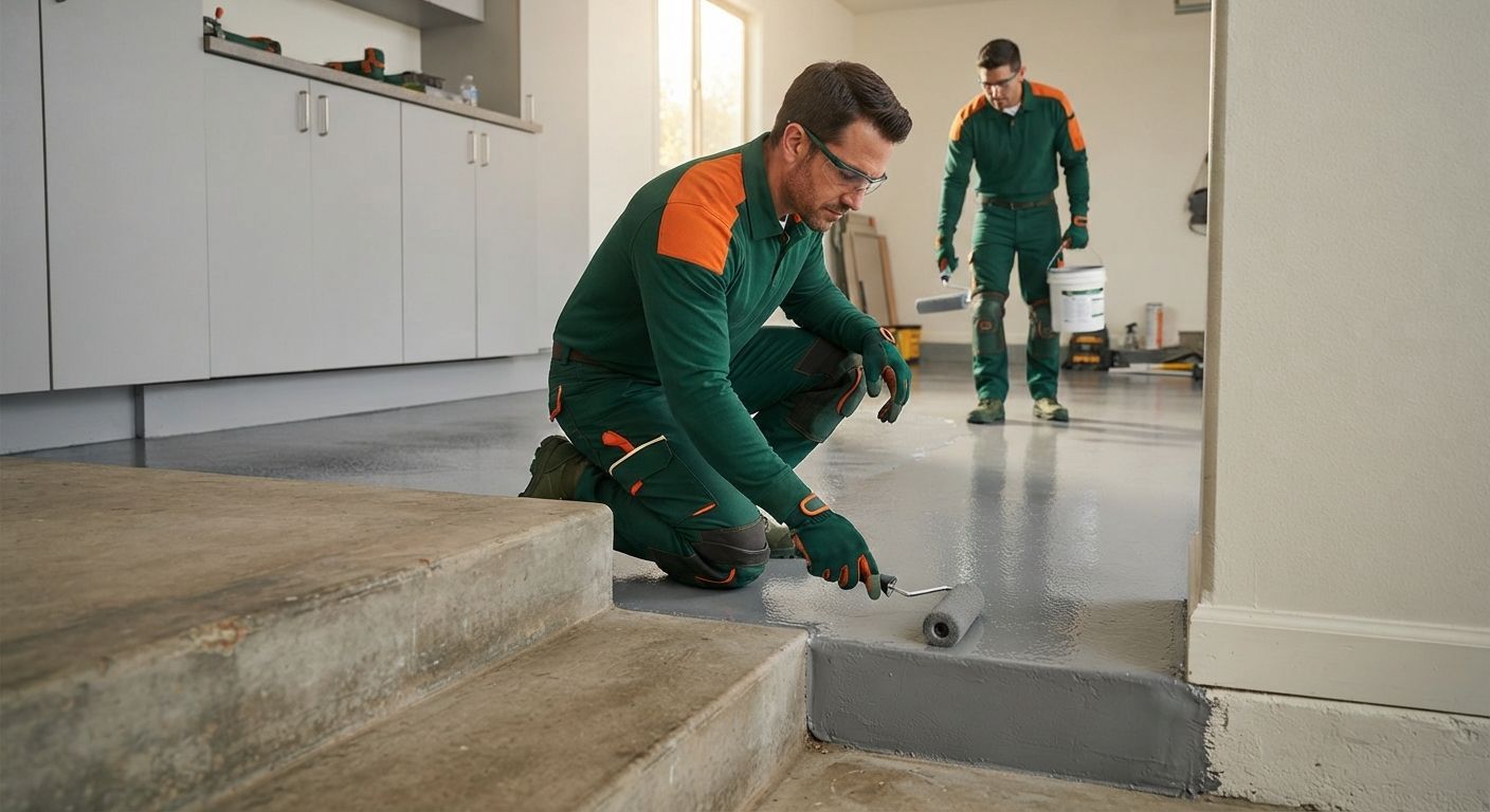 Professional technicians completing detailed epoxy floor coating work in Rancho Cordova