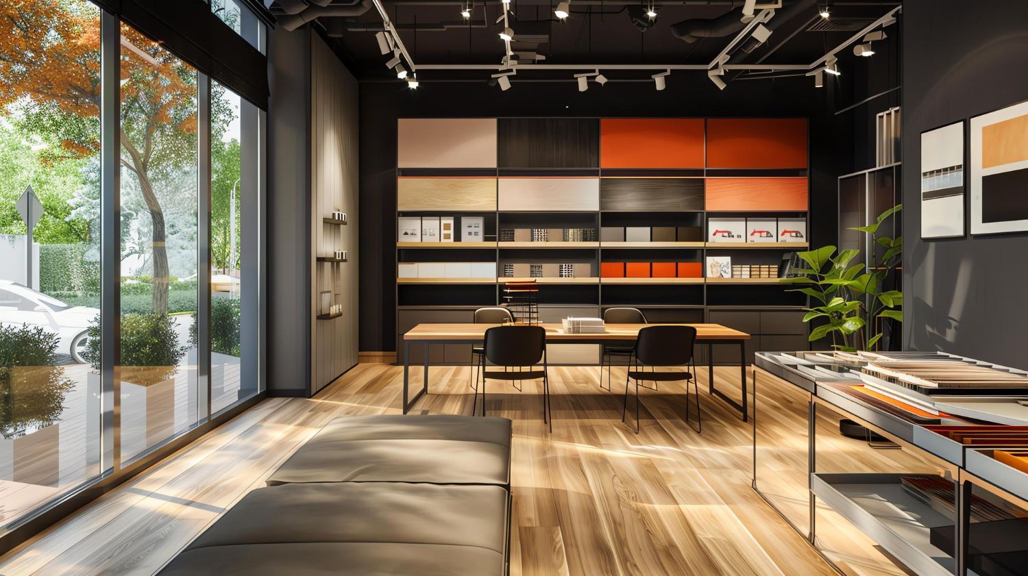 Modern minimalist living room with wood floor, black shelving, large windows, and warm orange accents