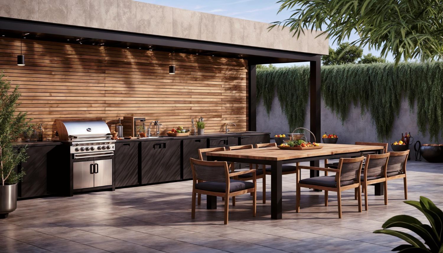 A modern outdoor kitchen with dark cabinets, a stainless steel grill, and a wooden dining set on a stone patio.