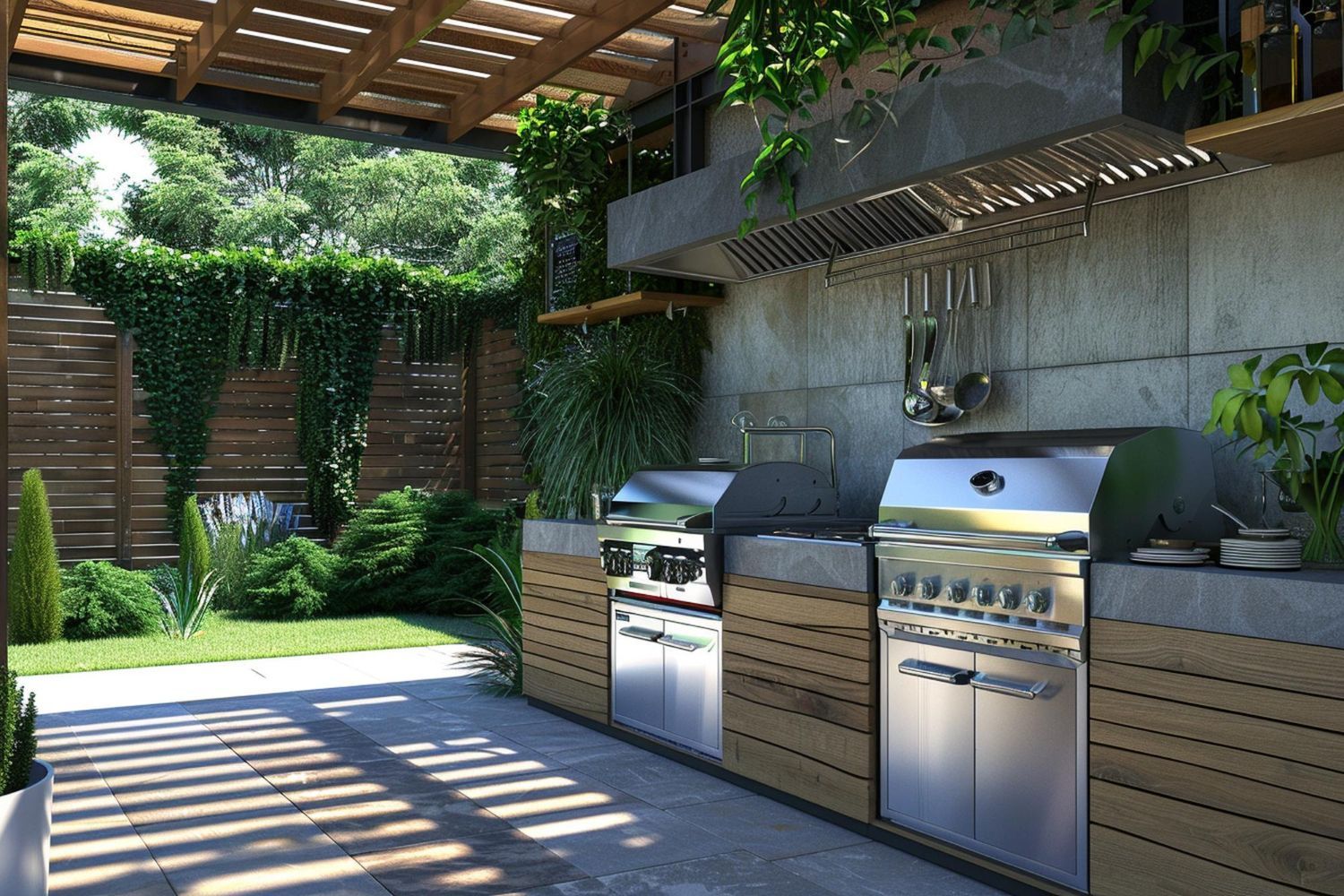 Outdoor patio with a built-in stainless steel grill and wooden cabinets under a pergola