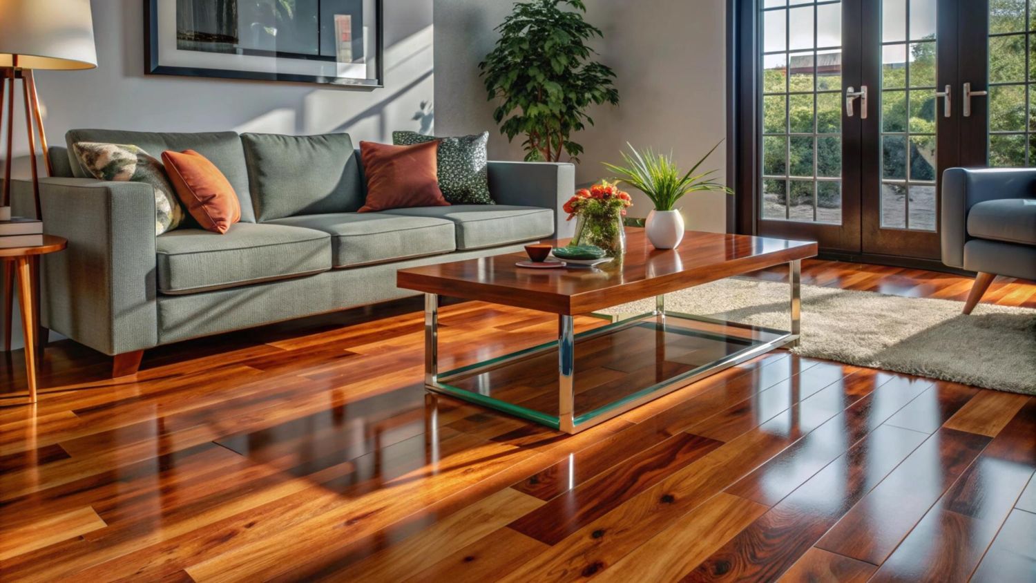 Modern living room with gray sofa, glass coffee table, hardwood floor, and sunlight from large windows.