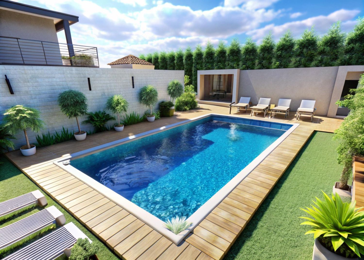 Modern backyard with rectangular blue pool, wooden deck, lounge chairs, and patio seating under a bright sky