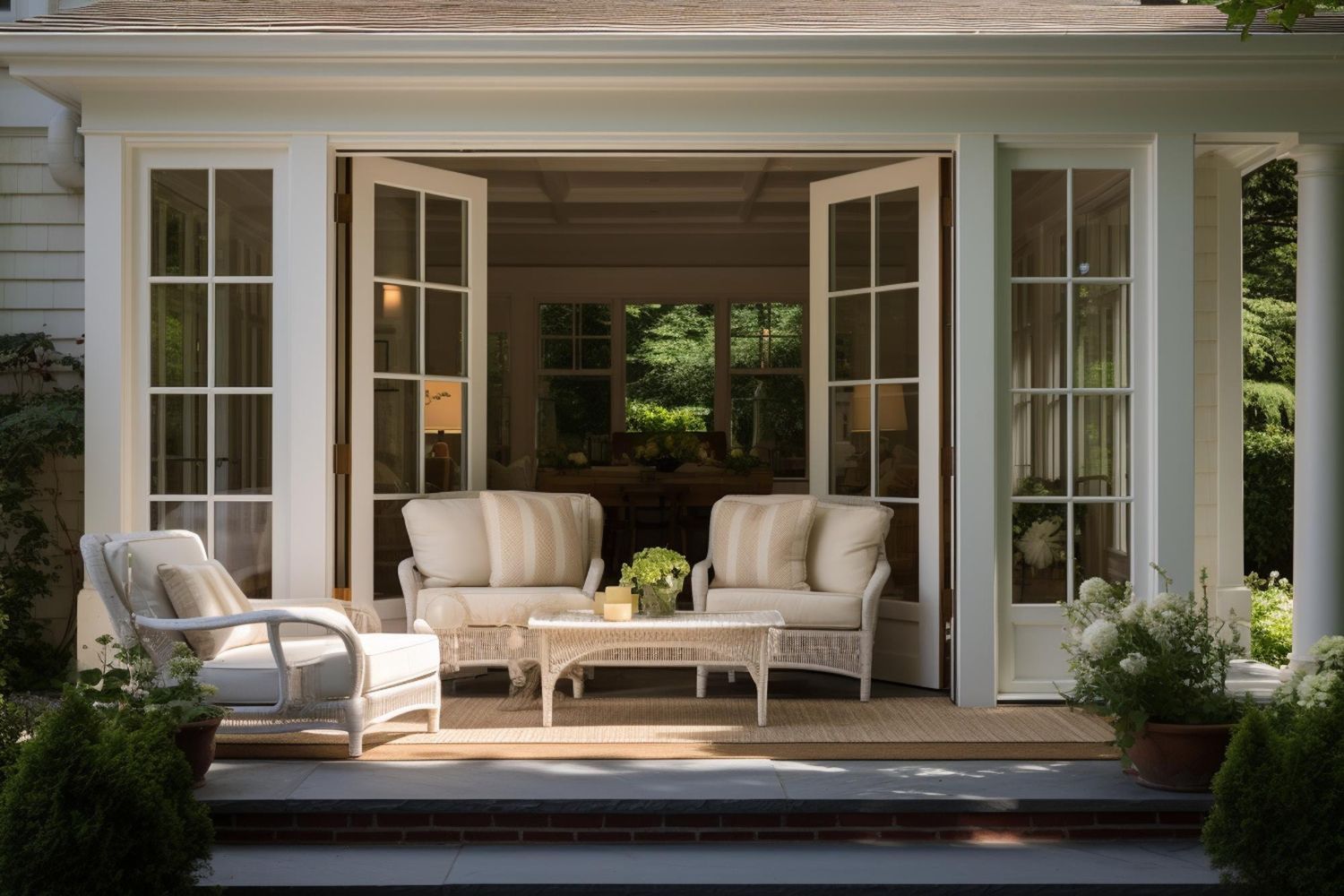 Open French doors to a cozy white patio sitting area with wicker chairs and soft greenery.