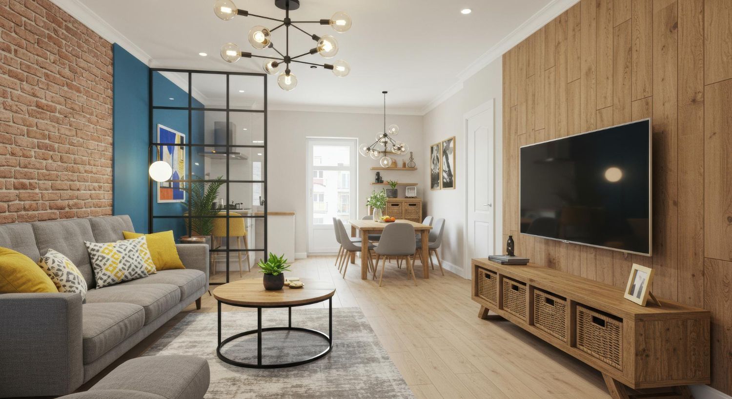 Bright modern living room with gray sofa, wood media console, wall TV, rug, and dining area