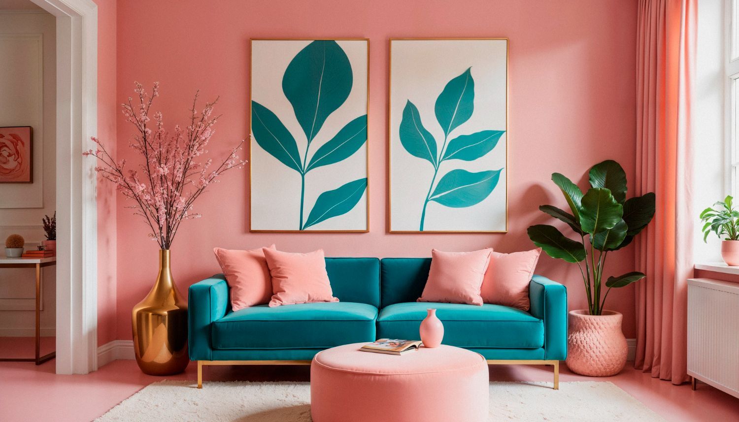 Pink living room with teal sofa, leafy wall art, and matching ottoman.