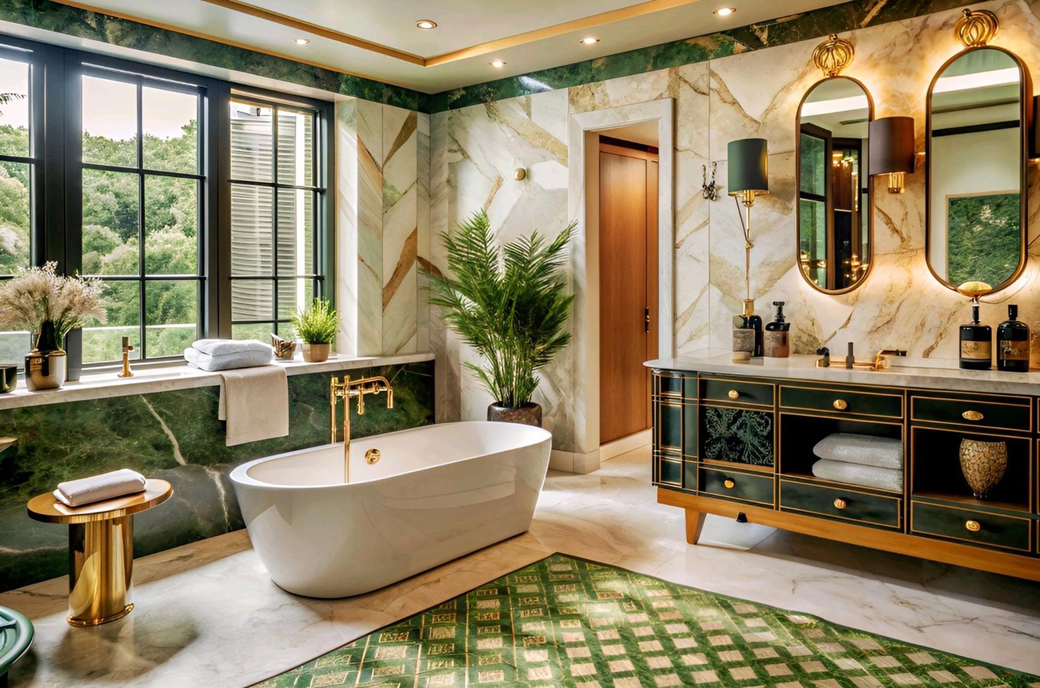 Elegant bathroom with freestanding tub, green accents, marble vanity, and large windows overlooking greenery