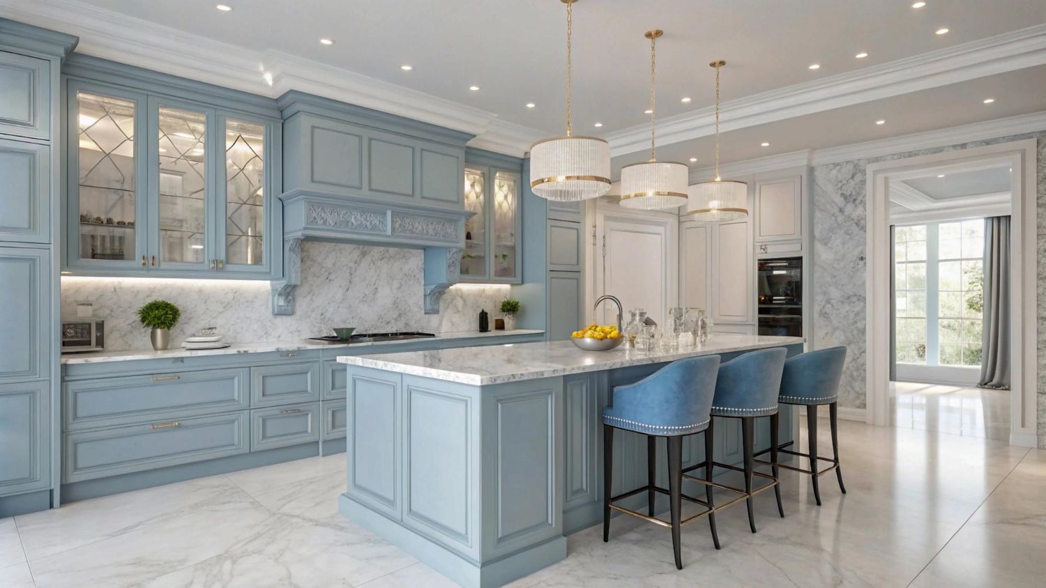 Bright modern kitchen with pale blue cabinets, white marble island, and four blue stools