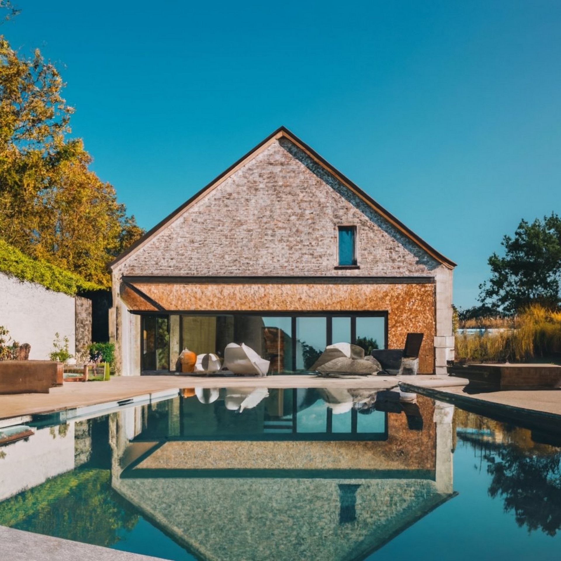 A house with a large swimming pool in front of it