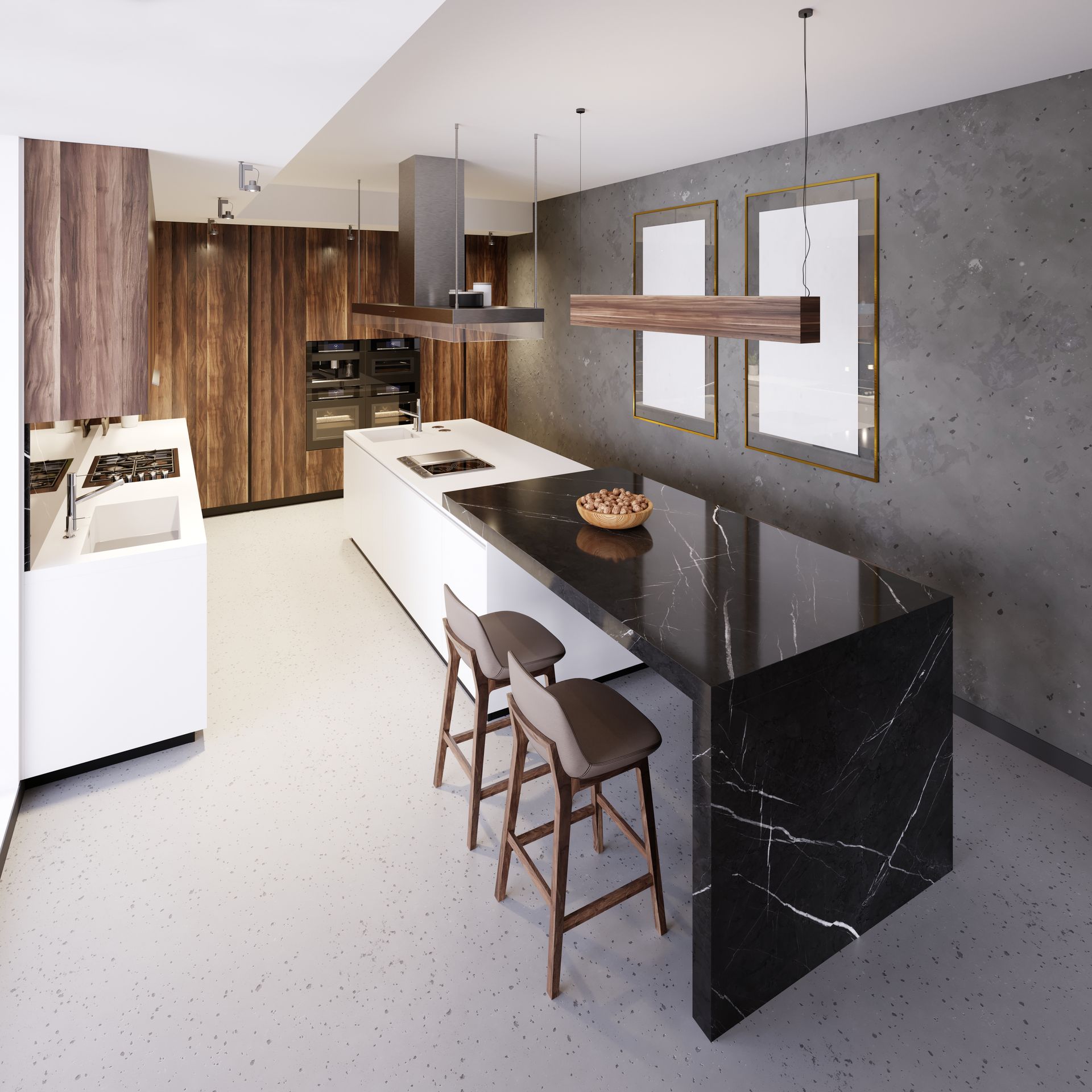 A kitchen with a large island and stools