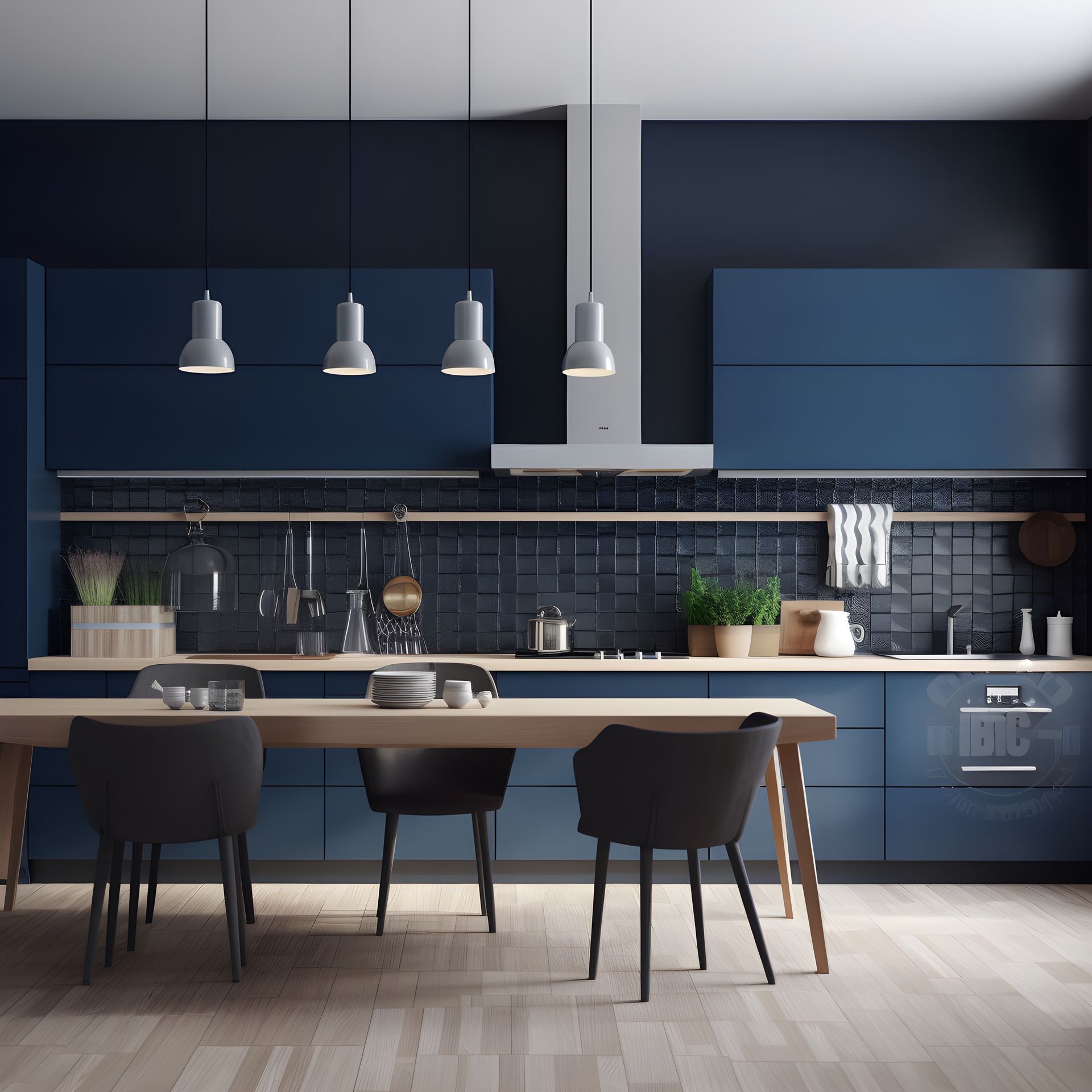 A kitchen with blue cabinets and a table and chairs