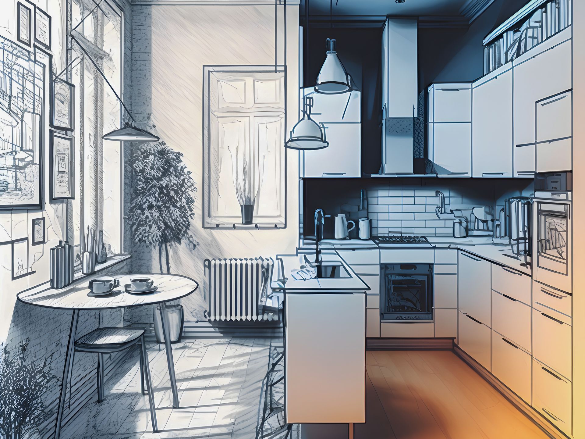 A drawing of a kitchen before and after being remodeled.