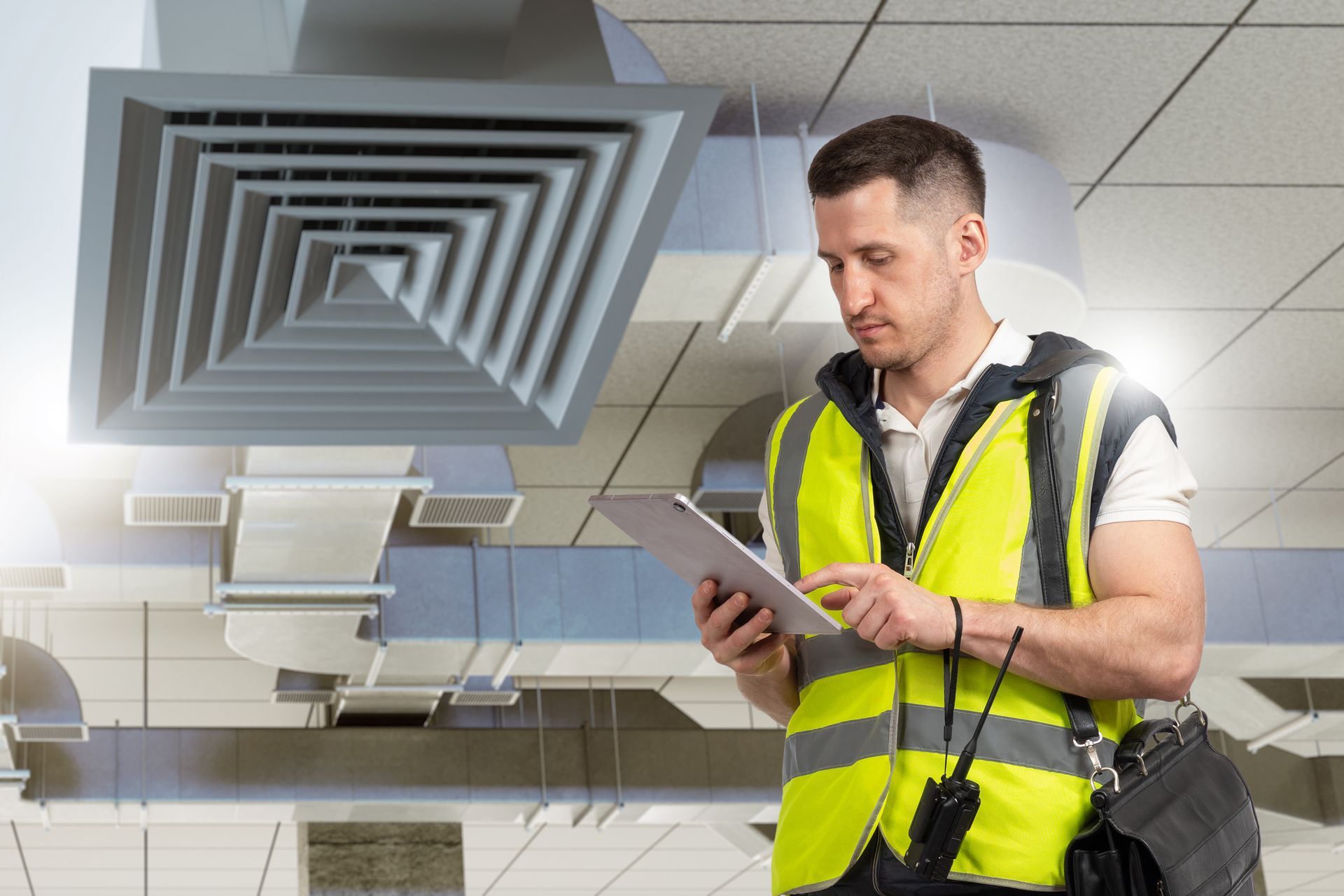A professional in a high-visibility vest reviews data on a tablet inside a building with exposed ceiling ventilation. A professional in a high-visibility vest reviews data on a tablet inside a building with exposed ceiling ventilation.