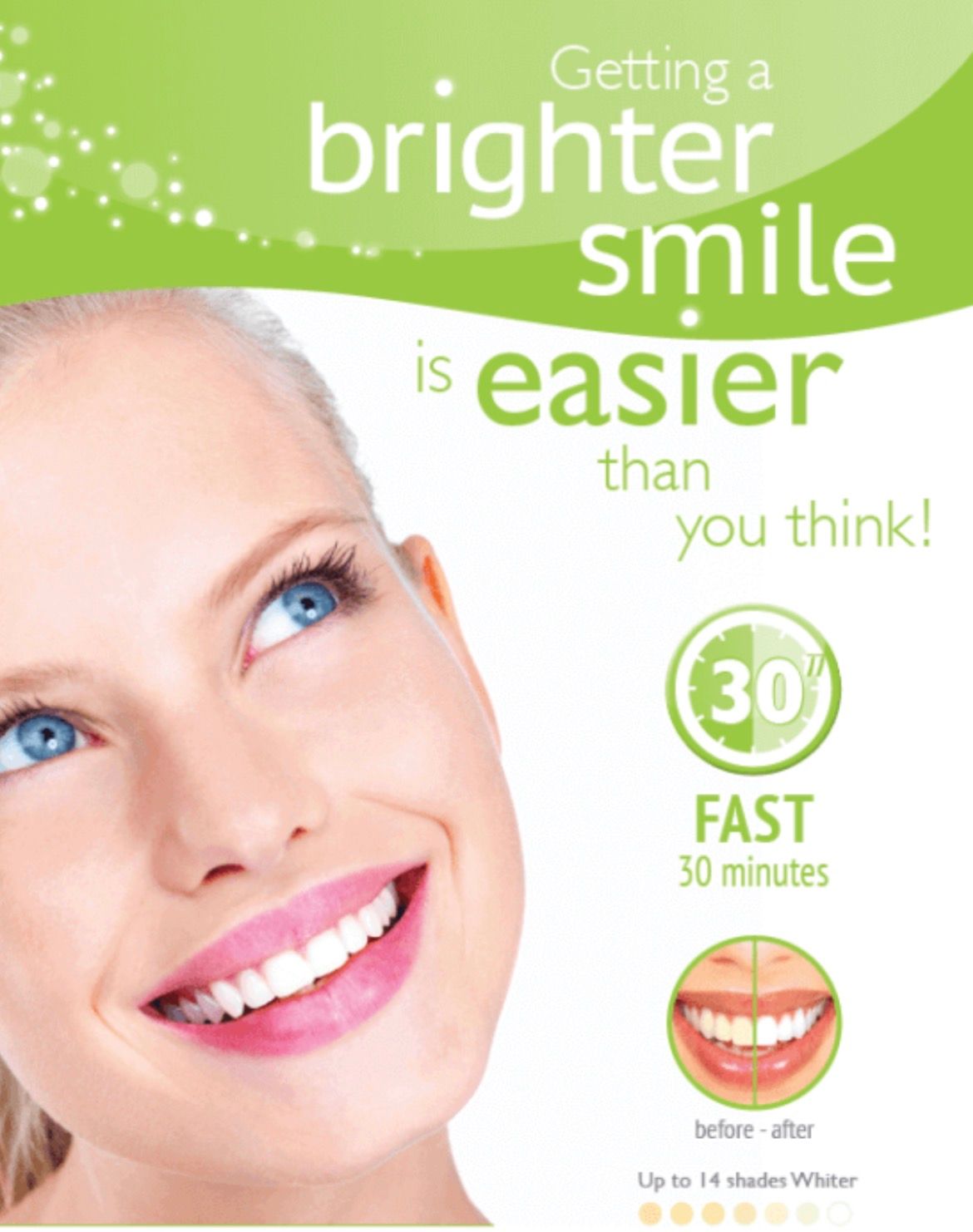 Woman smiling with bright teeth; whitening advertisement. Green and white colors. Text: 