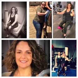 A woman with curly hair is smiling in a collage of photos