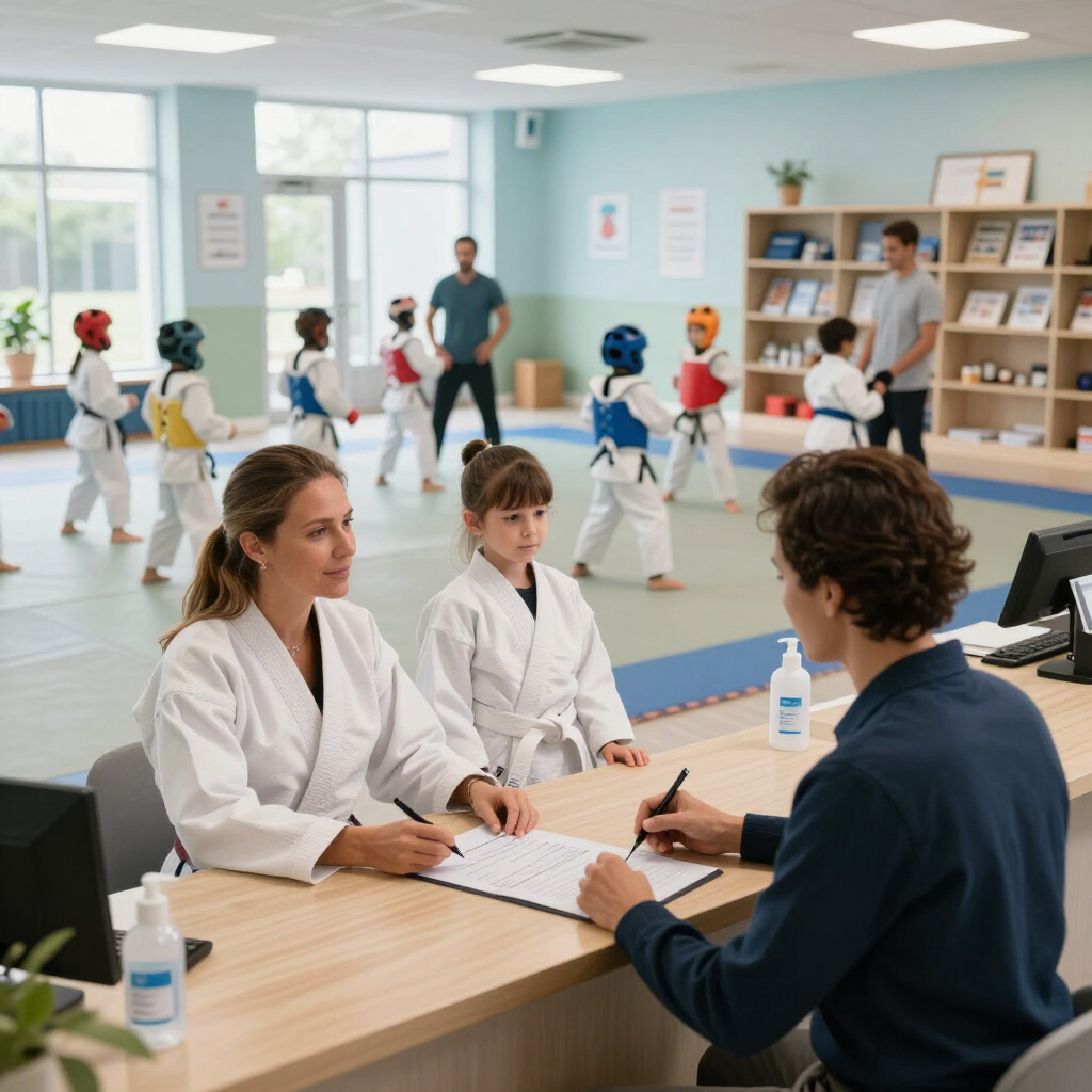 Two karate instructors meeting at a desk in a bright dojo, with students practicing in the background.