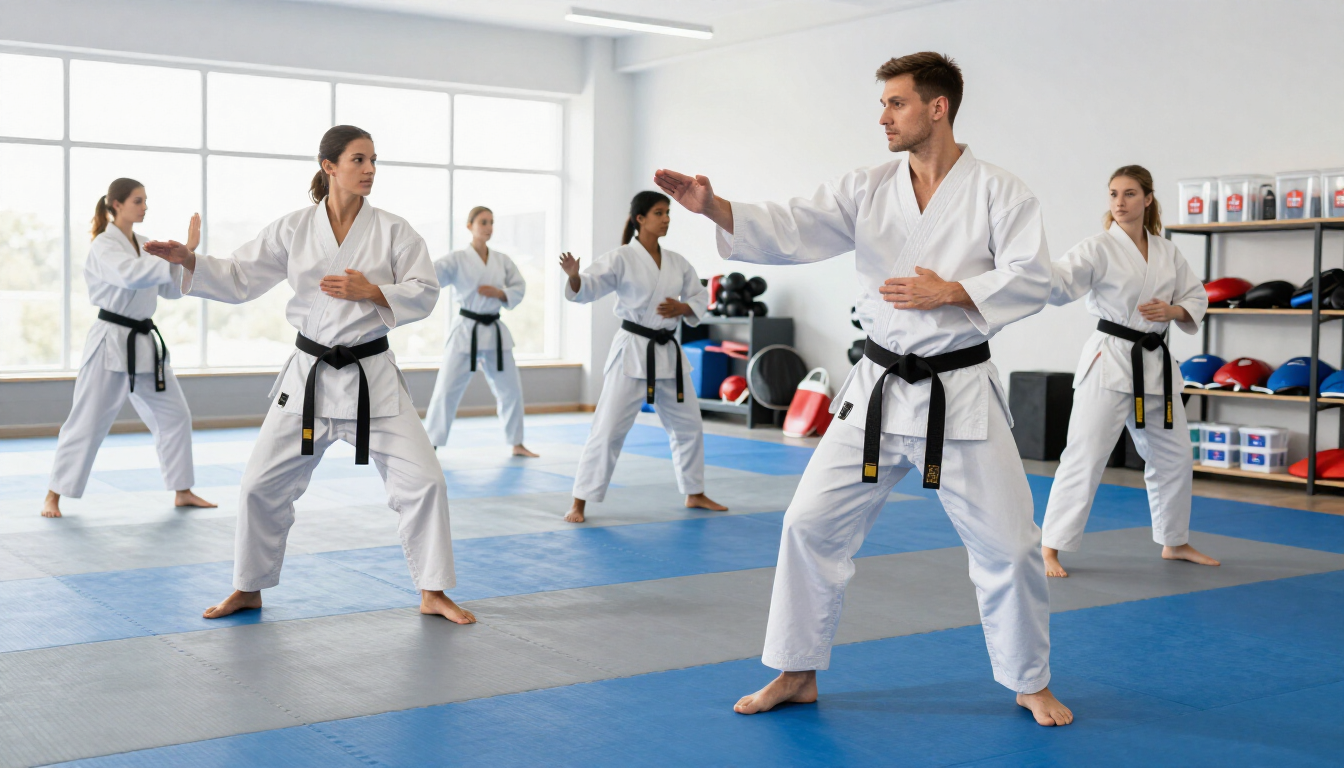 Martial arts class practicing karate in a bright studio, wearing white uniforms and black belts.
