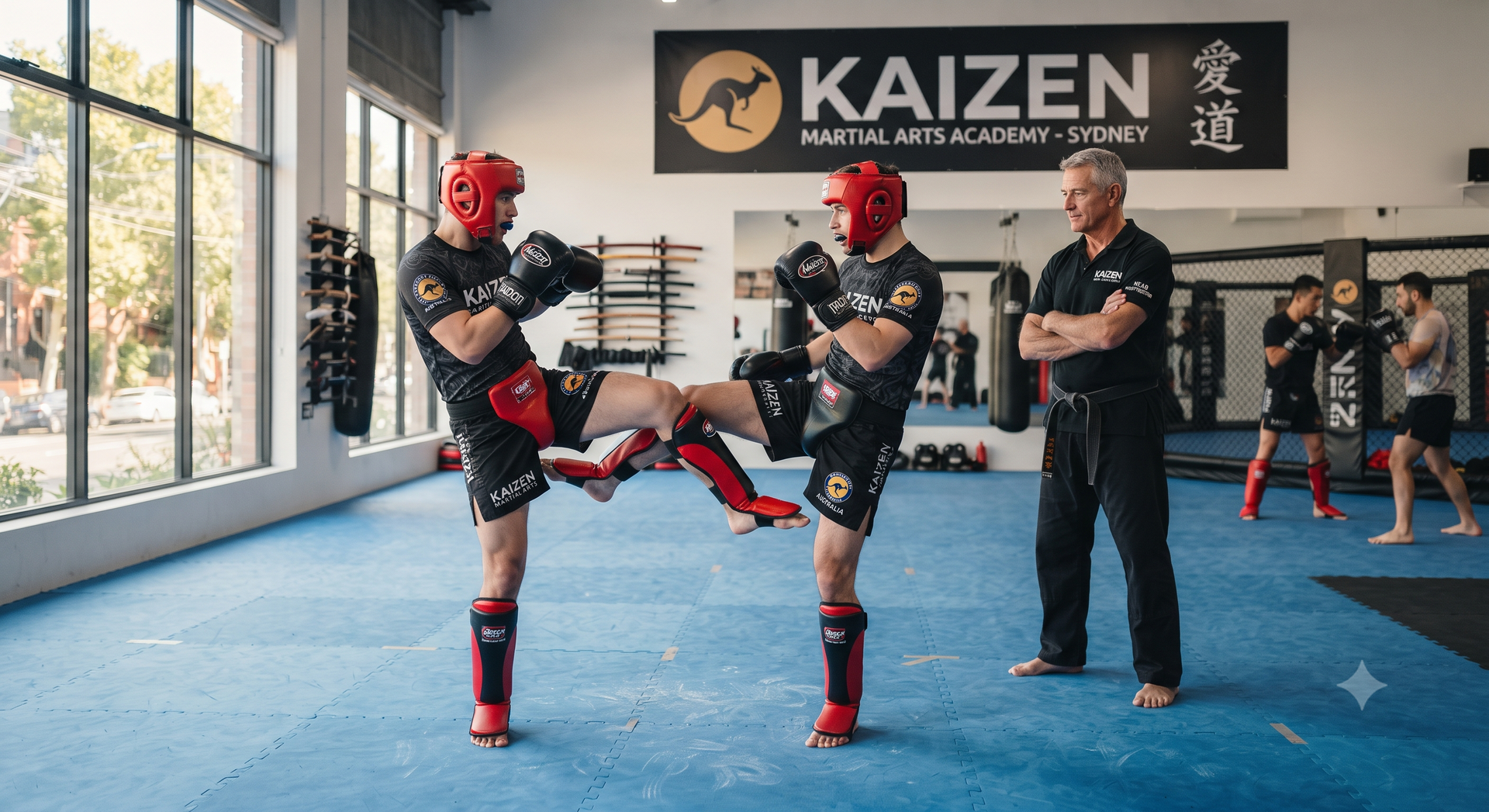 Two martial artists spar in a gym while a coach watches; KAIZEN sign on the wall.