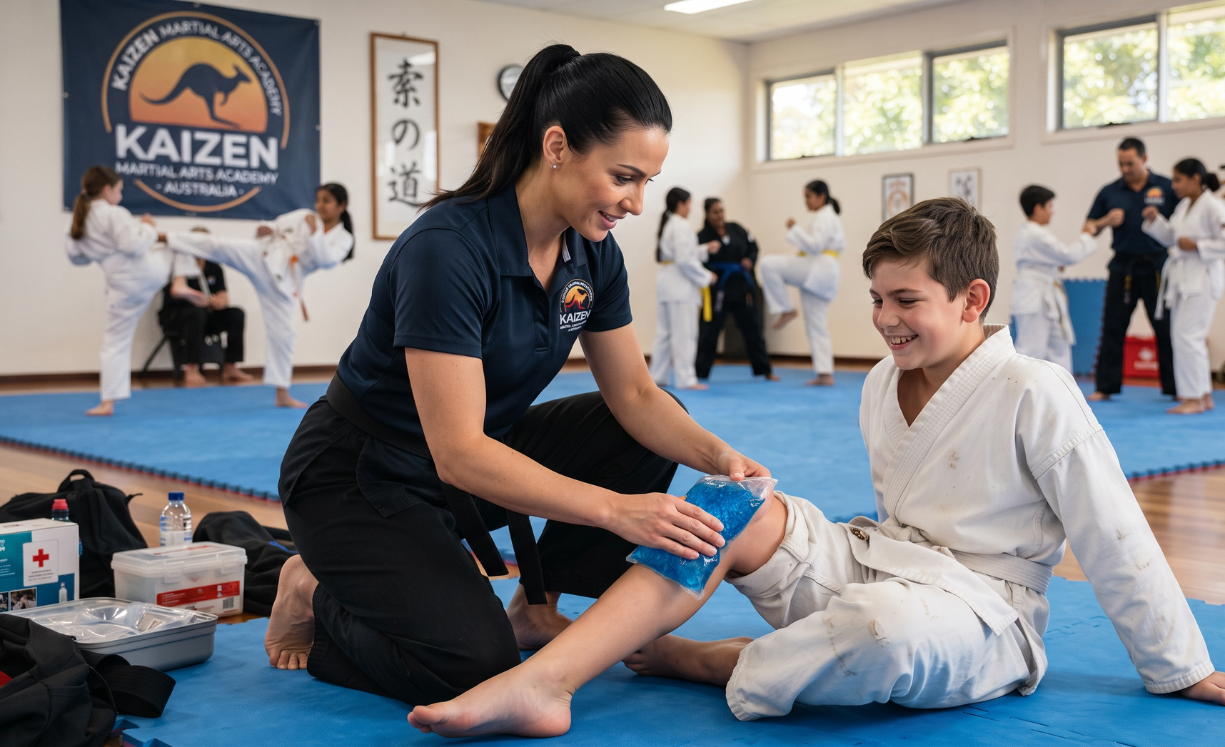 Martial arts instructor helping a student stretch on a blue mat in a dojo, with others practicing in the background